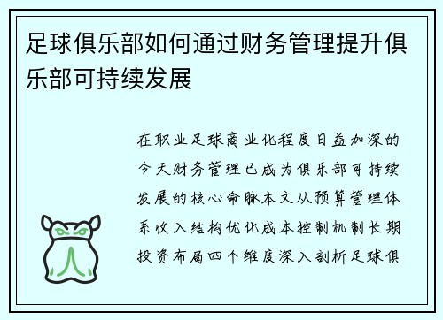 足球俱乐部如何通过财务管理提升俱乐部可持续发展
