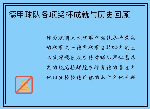 德甲球队各项奖杯成就与历史回顾